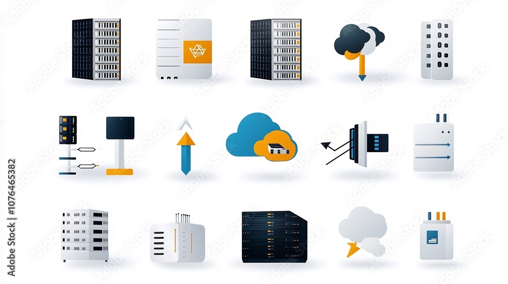 Poster Comprehensive set of icons representing hosting and cloud storage concepts including server racks cloud links and data downloadupload arrows