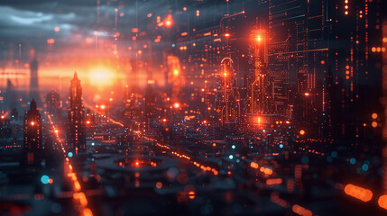 Fototapeta premium Futuristic Cityscape Drenched in Orange and Blue Digital Light