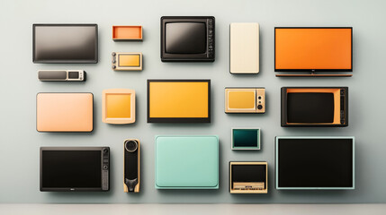 Collection of vintage and modern televisions and electronic devices mounted on a wall, showcasing retro and contemporary design elements in various colors and styles.