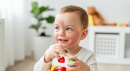 Adorable baby with eczema on face playing with toy blocks in bright cozy living room
