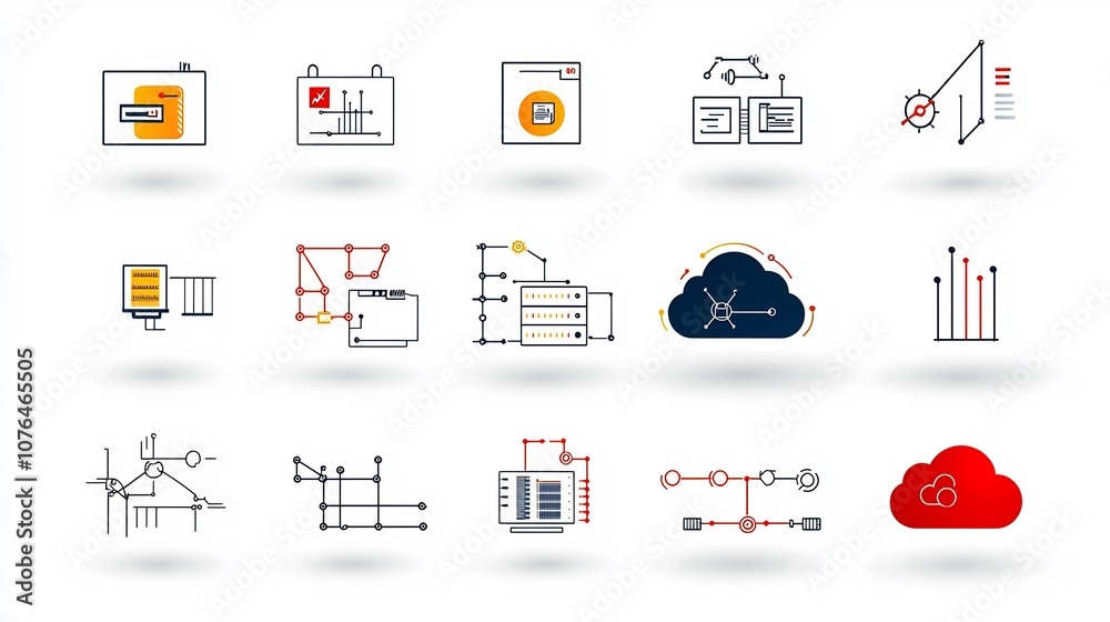 Poster Icon Set Depicting Cloud Computing and Hosting Concepts Featuring Network Nodes Cloud Security and Data Exchange Symbols for Technology IT and Online Business Infrastructure
