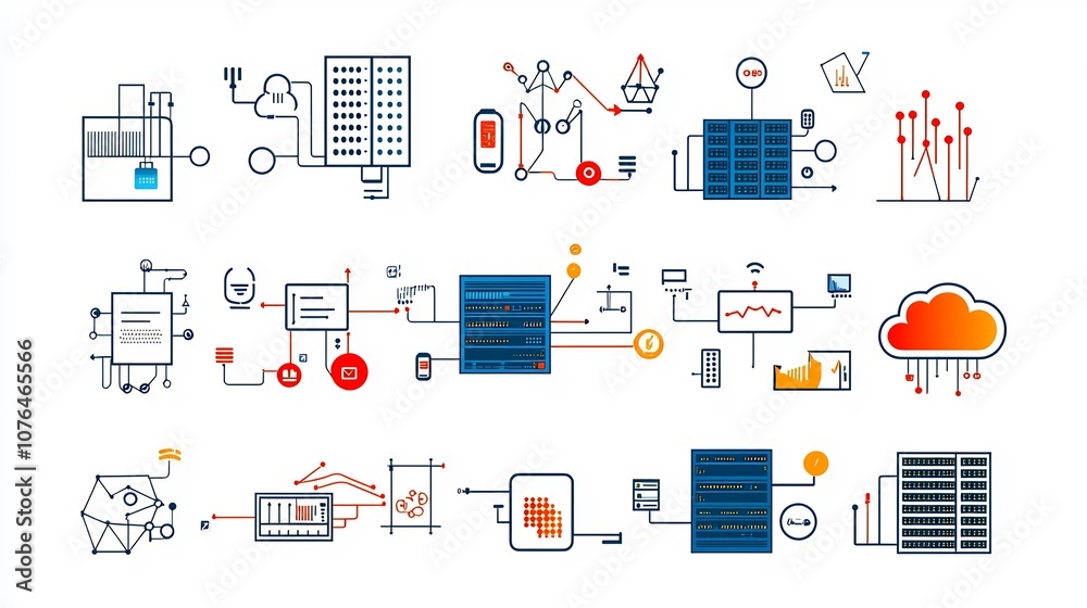 Poster Comprehensive set of icons depicting various elements of hosting and cloud computing services including virtual servers data flow cloud synchronization and other digital infrastructure components