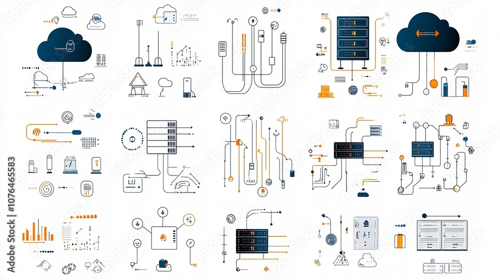 Aufkleber Set of icons representing hosting cloud networks and digital data flow elements for technology software and IT infrastructure solutions  Includes symbols for virtual servers data sync online storage