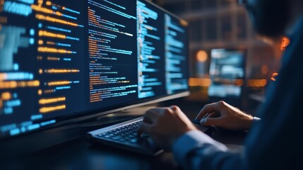 IT security analyst monitoring data streams on dark interface, secure tech theme, network security, cybersecurity