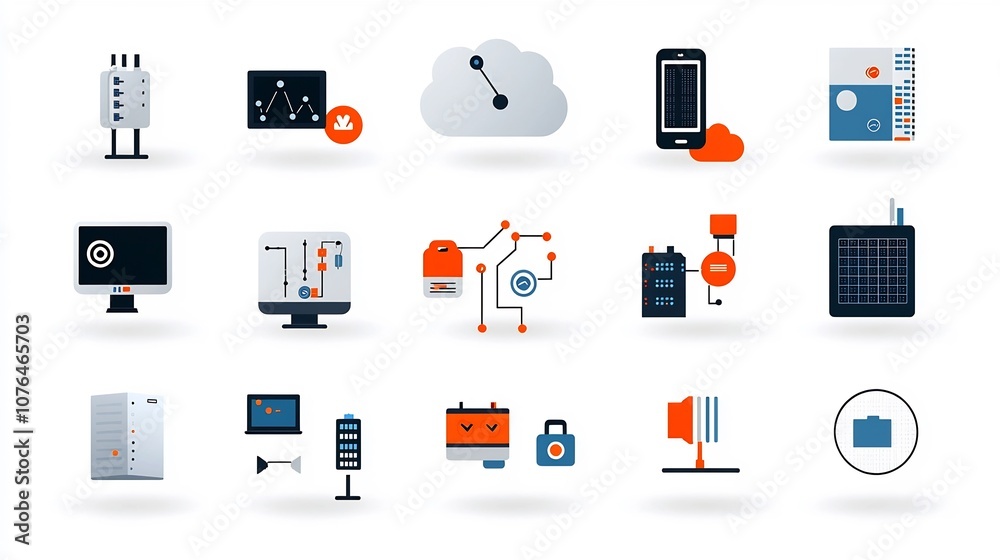 Aufkleber Comprehensive Icon Set for Cloud Computing and Hosting Solutions Featuring Symbols for Connected Devices Database Clouds and Secure Connections for Technology Digital and Business Applications