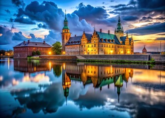 Obraz premium Enchanting Night Photography of Helsingor Castle with a Dramatic Sky and Reflections in the Water, Capturing the Essence of Hamlet's Historic Setting and Atmosphere