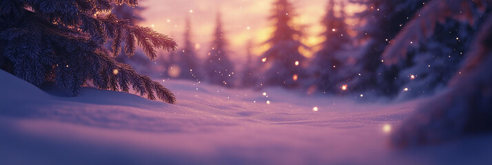 Snowy landscape with pine trees, bokeh effect, pink sunset light, beautiful, winter wonderland, fantasy, wallpapers, christmas backgrounds 