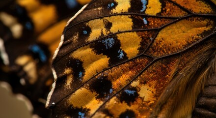 Close-up of vibrant orange and blue butterfly wing pattern