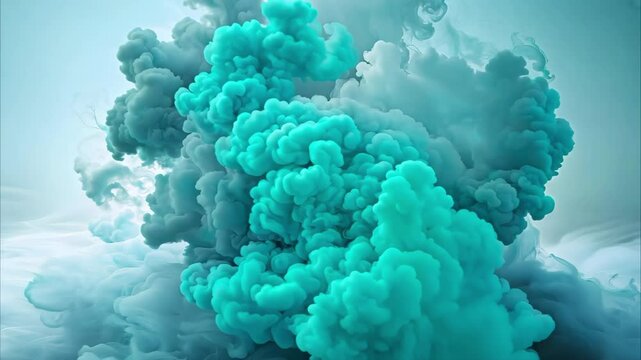 A vibrant explosion of teal and turquoise smoke or fluid, swirling against a soft, light background.