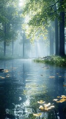 Obraz premium Sunbeams Illuminating a River Through a Misty Forest