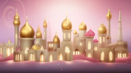 An Illustrated Cityscape of Golden Domed Mosques and Buildings