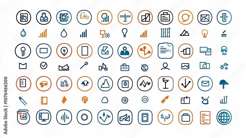 Poster a comprehensive set of 64x64 pixel perfect line icons with editable stroke features covering a diver