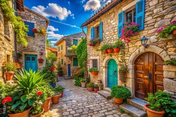 Fototapeta premium Enchanting Portrait of a Charming Istrian Village in Croatia with Stone Walls, Colorful Doors, and Beautiful Windows Under a Clear Blue Sky