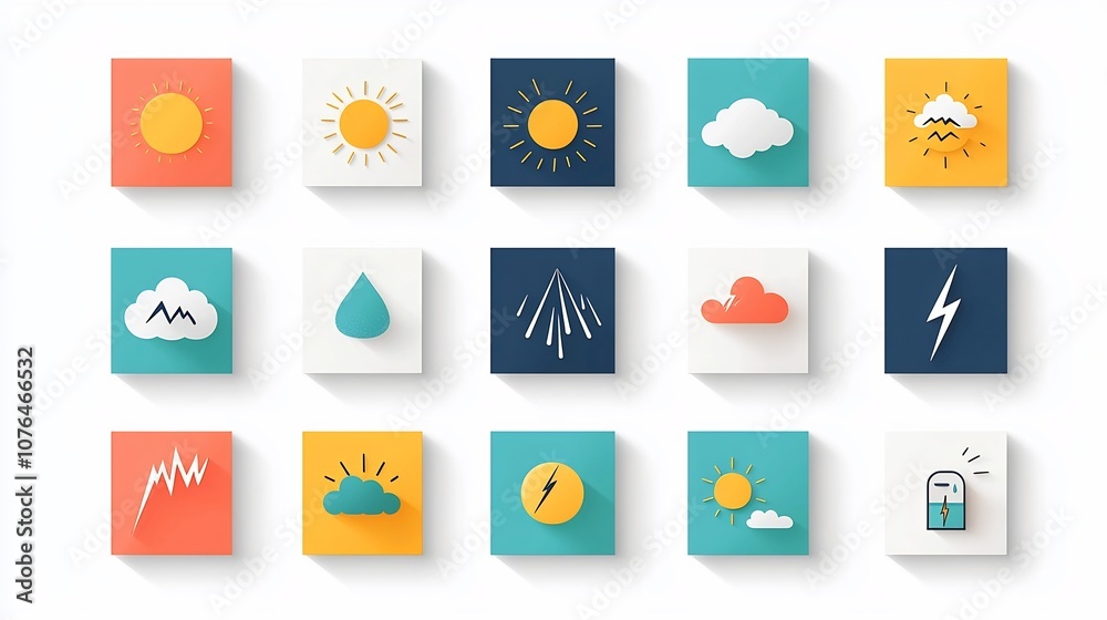 Fototapete Vibrant set of icons depicting a range of weather phenomena including sun rain clouds and lightning in a bright and cheerful visual style