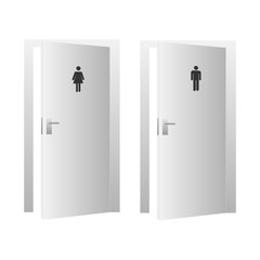 Toilet doors for men and women. Realistic interior mockup with open doors. Vector illustration