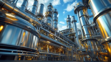 Chemical plant with stainless steel pipes. Industrial chemical plant showcasing extensive stainless steel piping and large towers, representing the petrochemical industry and advanced engineering.