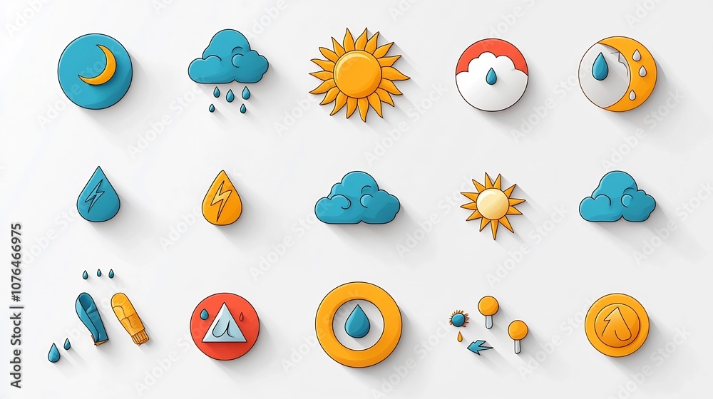 Poster bright and colorful weather icons collection featuring elements like sun moon raindrops and clouds w