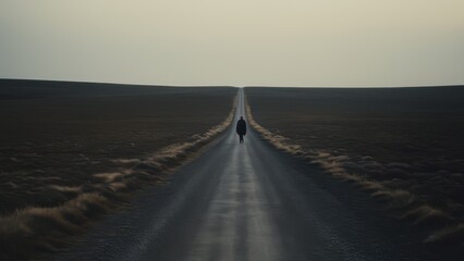 Fototapeta premium A solitary figure walking on a long, empty road at dusk, surrounded by a vast landscape. This image evokes feelings of loneliness and exploration