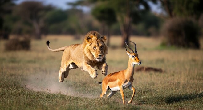 Intense predator chase: lion pursuing gazelle in African savanna wildlife action