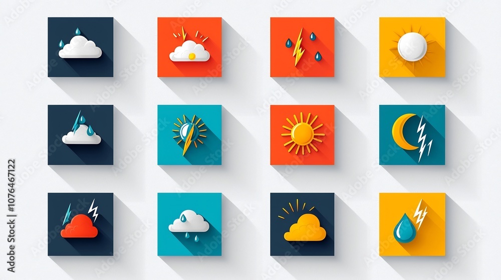 Aufkleber bright and colorful weather icon set featuring sun moon raindrops clouds with lightning bolt symbols