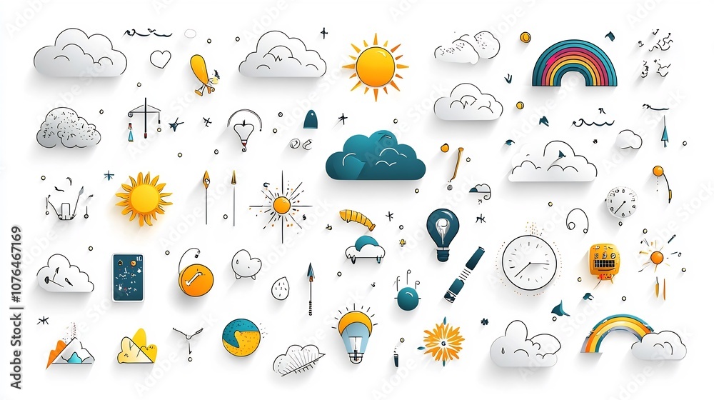 Leinwandbilder a vibrant collection of weather icons in colorful symbols such as cloudy skies snow rainbows and sun