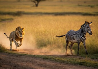 A powerful lion hunts a lonely zebra in the savannah.