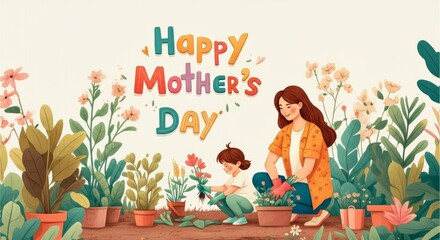 Fototapeta premium Mother and child gardening with joyful floral background. Happy Mother's Day celebration