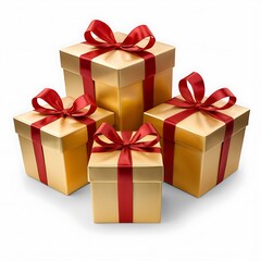 Golden gift boxes with red ribbons packaging presents wrapping  or solid color background image