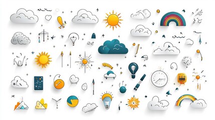A vibrant collection of weather icons in colorful symbols such as cloudy skies snow rainbows and sun   ideal for use in weather related applications forecasting tools and climate themed designs