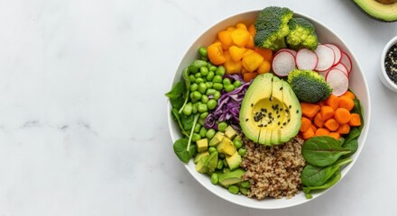 Colorful vegan buddha bowl with fresh vegetables and quinoa