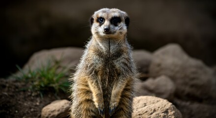 Fototapeta premium Curious meerkat standing alert on rocky ground in natural habitat