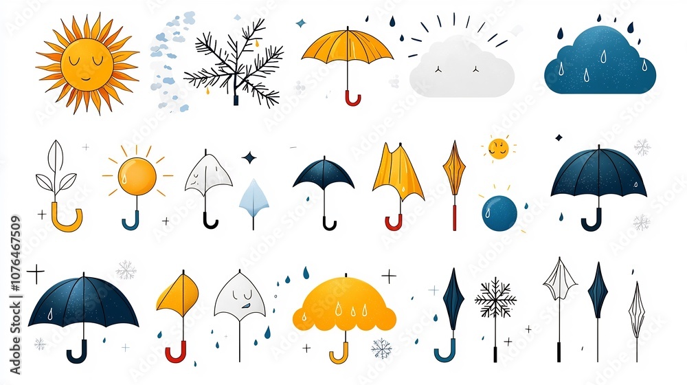 Poster Vibrant Weather Icons with Stylized Symbols for Digital Interfaces and Apps  This collection of features a set of colorful and minimalist weather related icons including sun rays snowflakes umbrellas