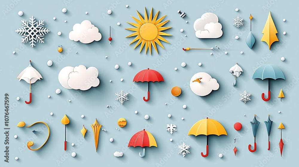 Poster Vibrant Weather Icon Set with Diverse Featuring Symbols like Sun Rays Snowflakes Umbrellas and Various Cloud Formations