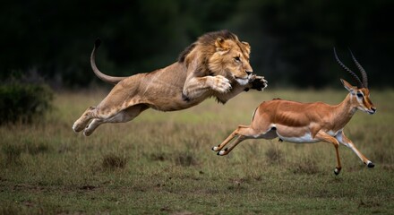 Lion in mid-air chase of springbok on African savannah