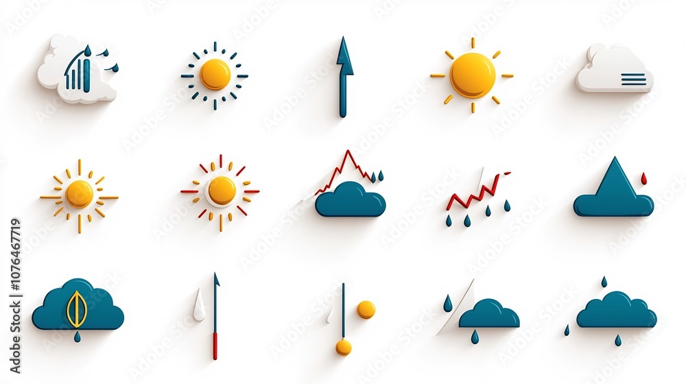 Poster bold and vibrant icon collection showcasing rain sun cloud and wind symbols for clear and intuitive 