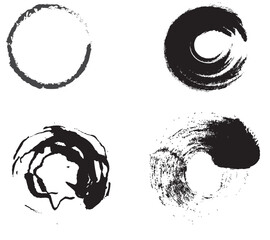 Grungy vector black ink circles. Brush hand drawn textured punk style round shapes. Collection of grunge vector hand drawn elements and banners isolated on white background.