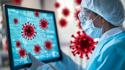 Scientist analyzing virus data on floating screen, lab environment, epidemiology, healthcare