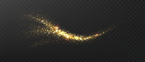 Golden sparkling glittering comet with stardust trail. Gold glitter dust, wave abstract elements on transparent background, golden sparkles.