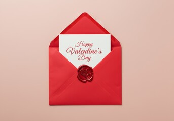 Elegant Valentine's Day card with wax seal in red envelope on pink background