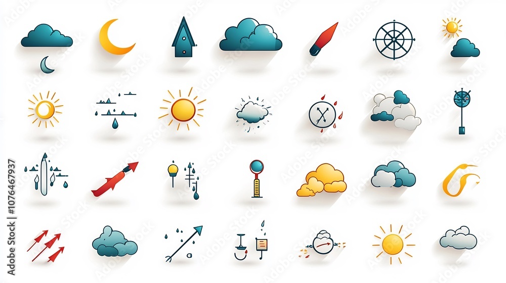 Aufkleber Vibrant colorful icons and symbols representing various weather conditions and climate patterns perfect for use in weather related mobile apps websites software and digital interfaces