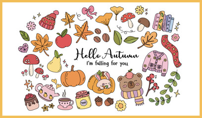 Set of Autumn harvest and fall Thanksgiving Pumpkin latte cozy sweaters. Hand drawn vector illustrations.