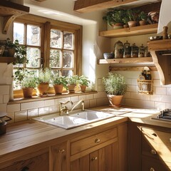 Rustic Kitchen Interior Design with Wooden Cabinets and Window