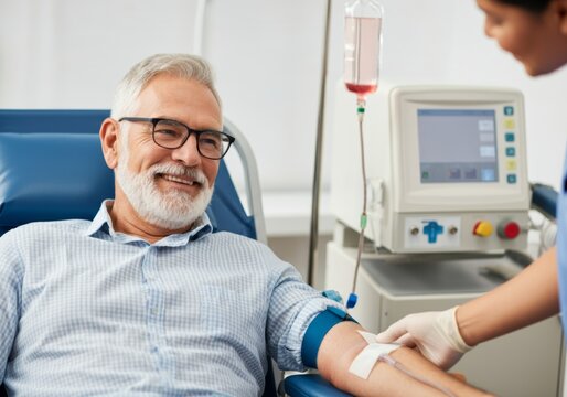 Senior man donating blood in a medical center with healthcare professional assistance - Powered by Adobe