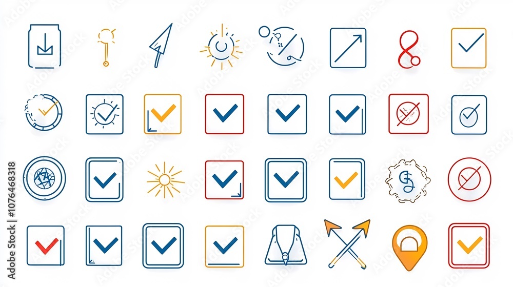 Poster Collection of vibrant icons representing the process of making choices decisions and selections  Featuring symbols like checkboxes arrows and selection boxes in a sleek modern design style