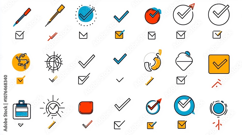 Poster Collection of modern stylish icons and symbols representing the process of making choices decisions and selections  Features elements like check marks arrows and selection boxes in a vibrant