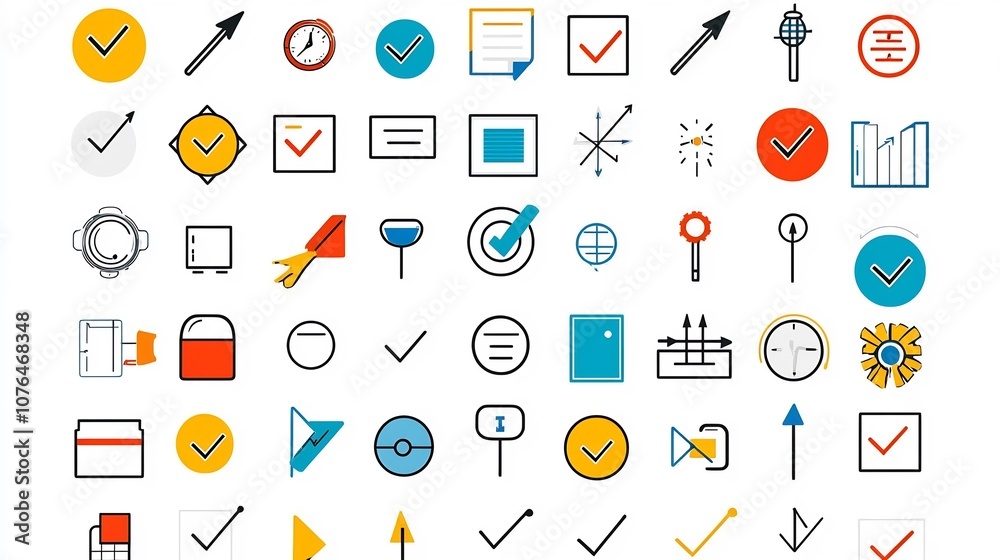Aufkleber Colorful icons and symbols representing the process of making choices decisions and selections  Featuring check marks arrows and selection boxes in a modern abstract style