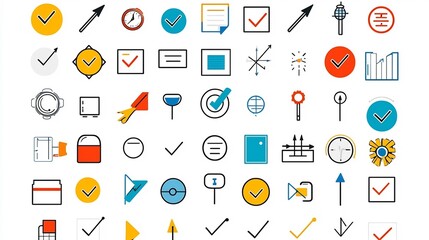 Colorful icons and symbols representing the process of making choices decisions and selections  Featuring check marks arrows and selection boxes in a modern abstract style