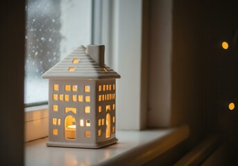 Cozy winter scene with lit ceramic house candle holder on windowsill