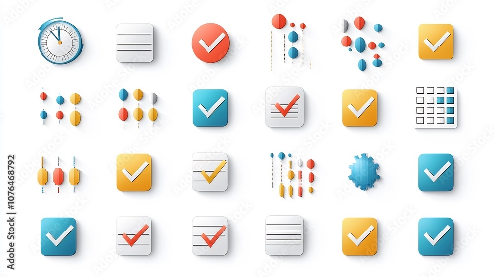 Poster Collection of colorful icons showcasing the process of selecting choosing and highlighting various options and preferences  Includes checkboxes tick marks