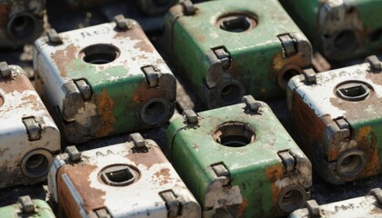 Corroded green and white terminals with rusty surfaces for industrial design and creative projects